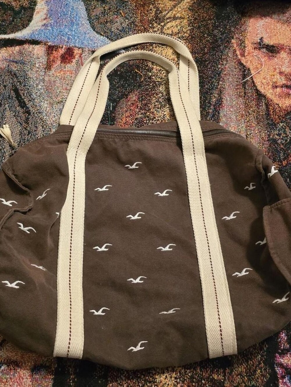 Y2K Hollister Brown Canvas Duffle Bag Medium Logo Zipper Closure 19"x16"